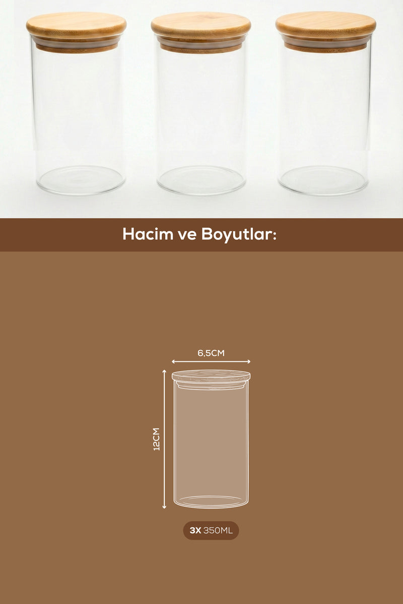 Lot de 3 Bocaux en Verre 350 ml avec Couvercle en Bambou Hermétique