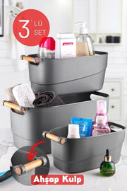 3'lü Set Ahşap Kulplu Çok Amaçlı Banyo,mutfak,çekmece Içi Düzenleyici Retro Sepet Antrast - Justyol