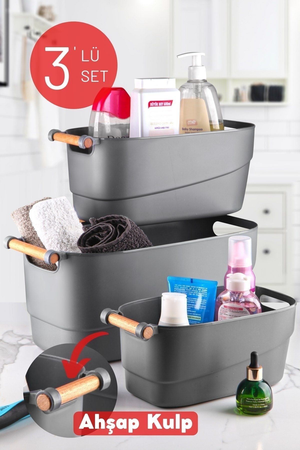 3'lü Set Ahşap Kulplu Çok Amaçlı Banyo,mutfak,çekmece Içi Düzenleyici Retro Sepet Antrast - Justyol