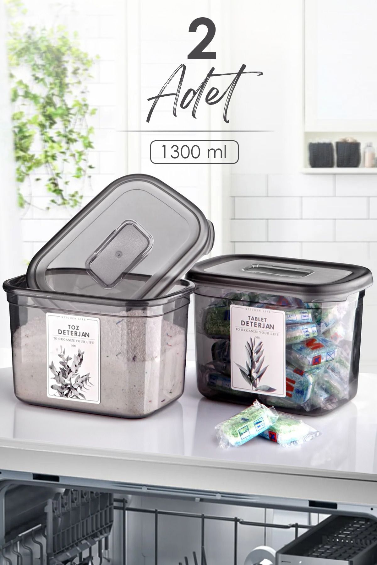 2 Adet Büyük Boy Dikdörtgen Deterjan Saklama Kutusu - 1300 ml - Deterjan Seti - Justyol