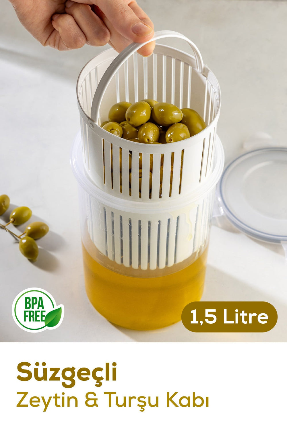 Boîte de rangement avec égouttoir pour olives et pickles – 1,5 litre