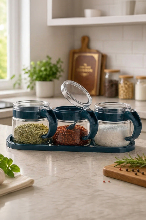 Lot de 3 Pots à Épices en Verre 300 ml avec Support et Cuillères