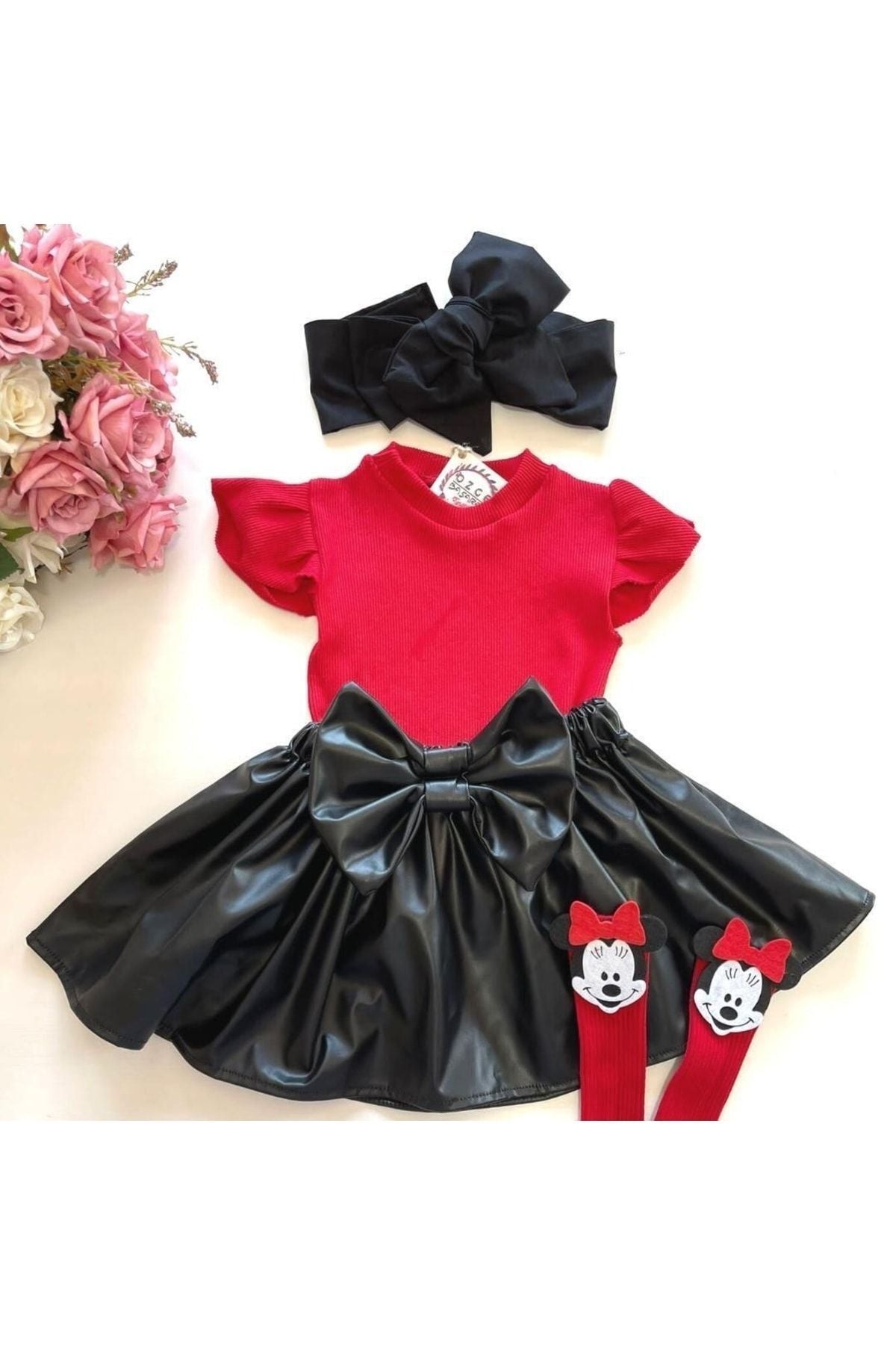 Özge Başaran Fille Enfant, Jupe Noeud En Cuir, Épaules Volantes, Chaussettes Mikili, Costume Bandana Noir