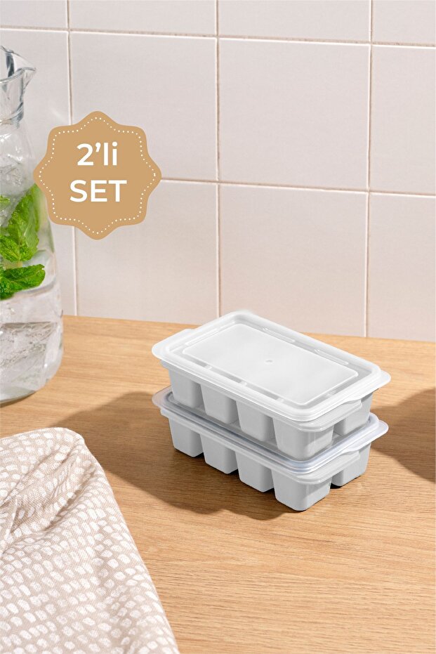 Lot de 2 Bacs à Glaçons avec Couvercle 8 Compartiments