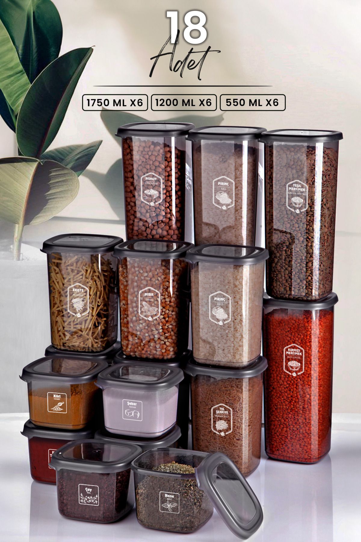 <tc>Set de 18 Boîtes de Rangement Carrées Étiquetées x6 (550 ml - 1200 ml - 1750 ml) - Pots avec Couvercle Rigide</tc>