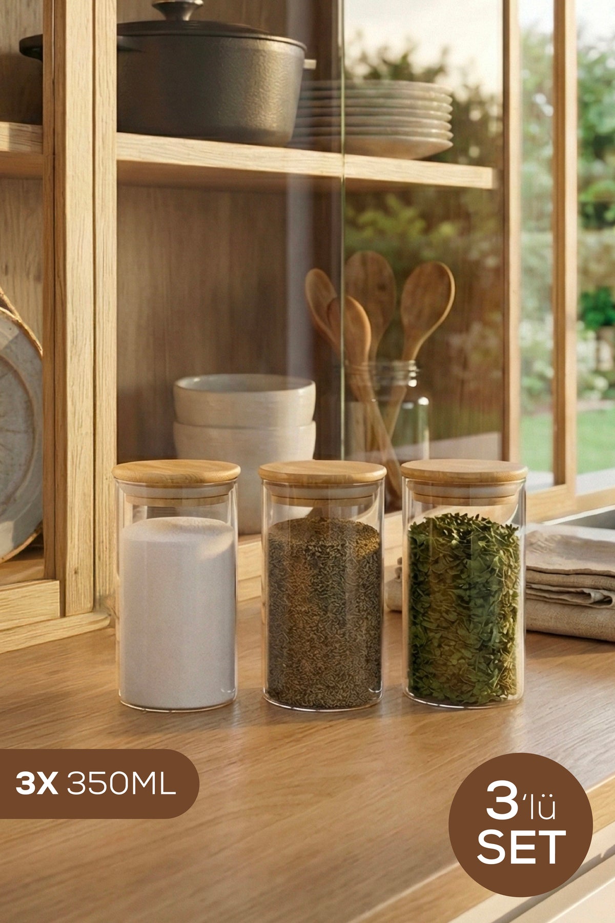 Lot de 3 Bocaux en Verre 350 ml avec Couvercle en Bambou Hermétique
