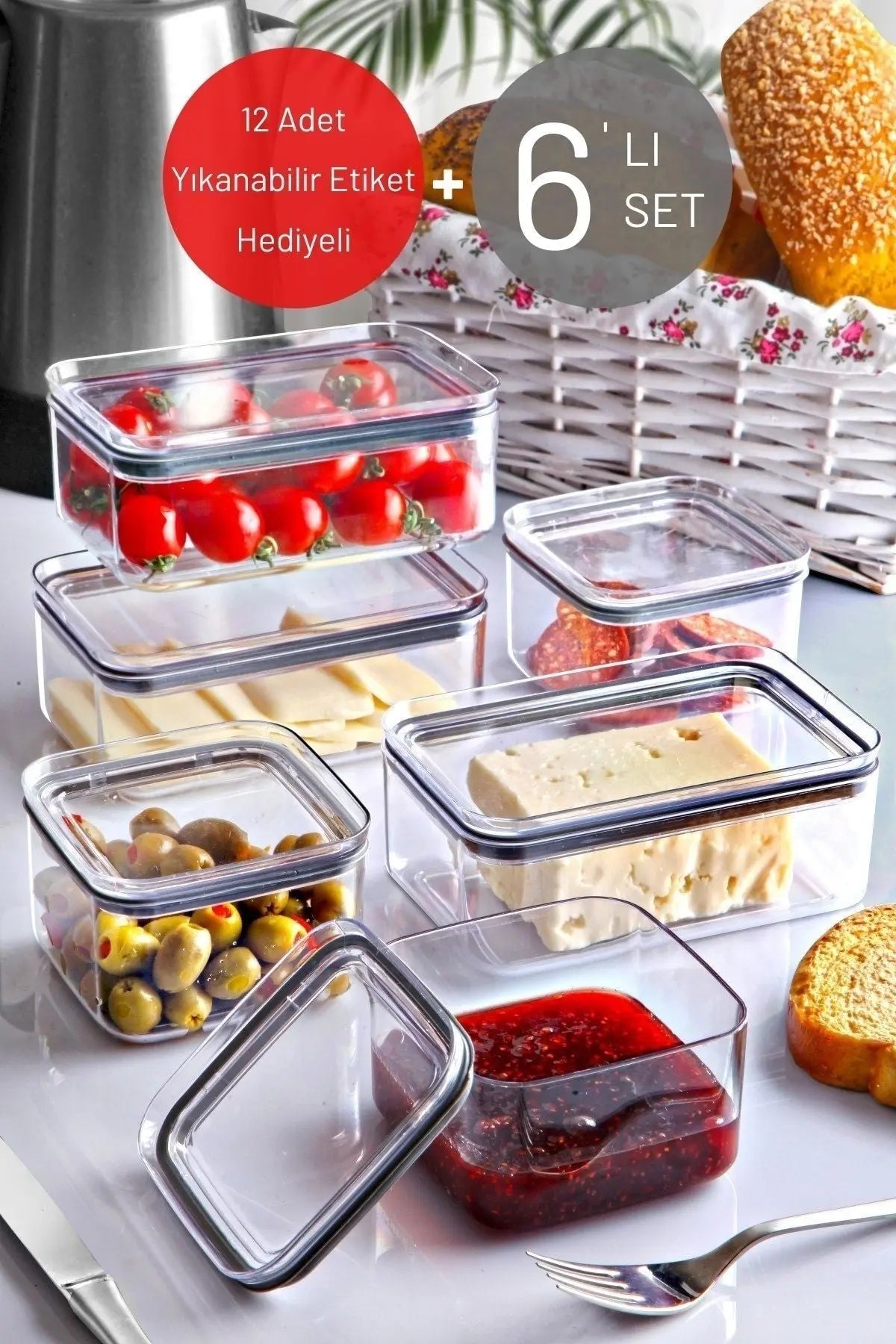 6'lı Set Silikon Conta Kapaklı Etiketli Kahvaltı & Çerezlik Takımı X3 0,75 Lt / X3 0,5 Lt - Justyol