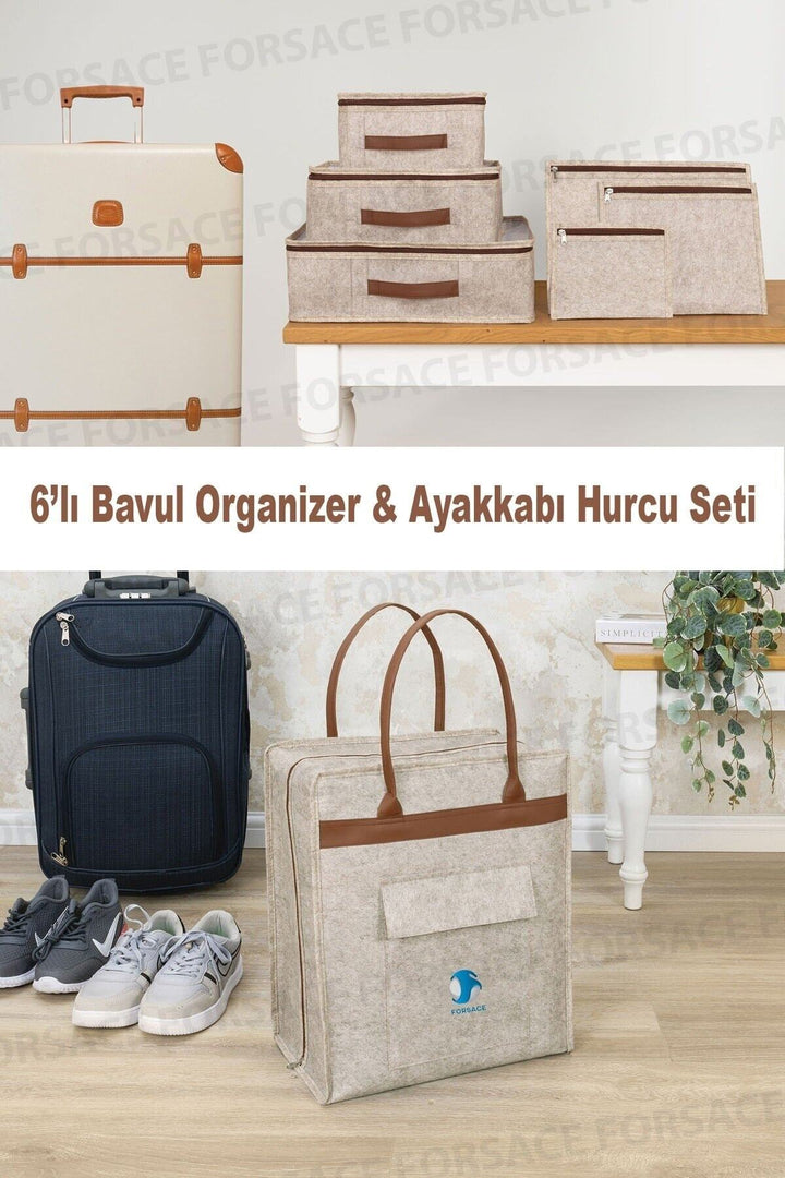 Set d'organisateurs de valise en feutre avec poignées en cuir – 6 pièces