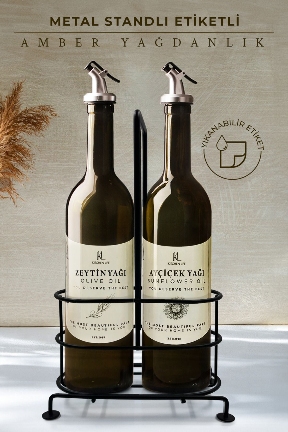 Bouteilles à huile en verre 750 ml avec support métallique – Lot de 2 avec bec verseur anti-goutte