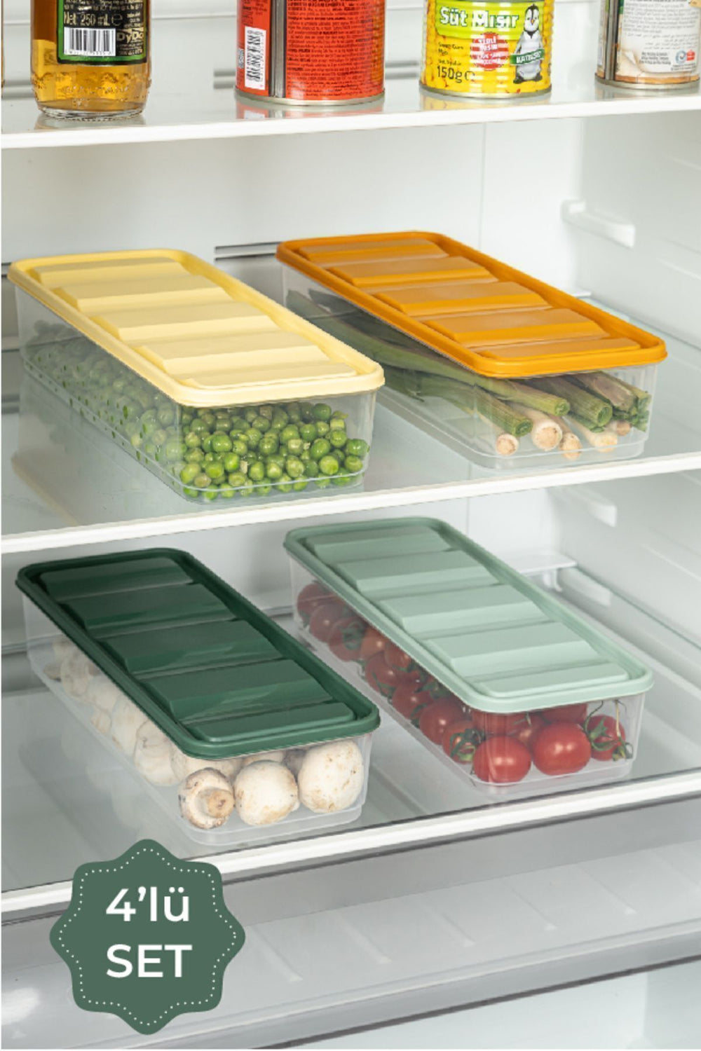 Lot de 4 organiseurs de réfrigérateur Bella 1,65 L avec couvercles colorés – Sans BPA