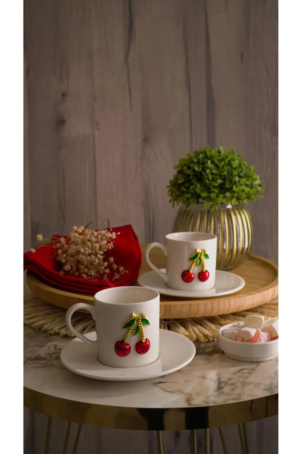Service à café en porcelaine motif cerise 100 ml – 4 pièces pour 2 personnes