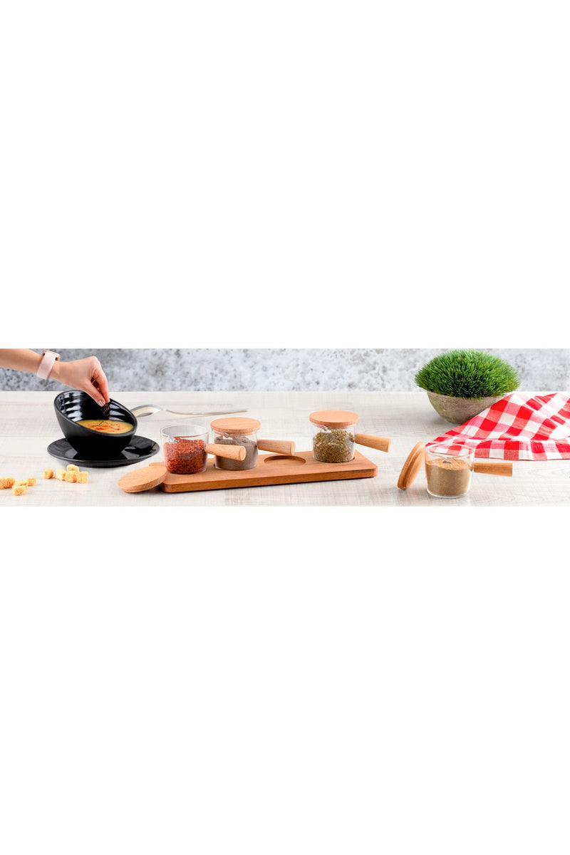 Set de 4 Pots à Condiments avec Couvercles en Bois et Support