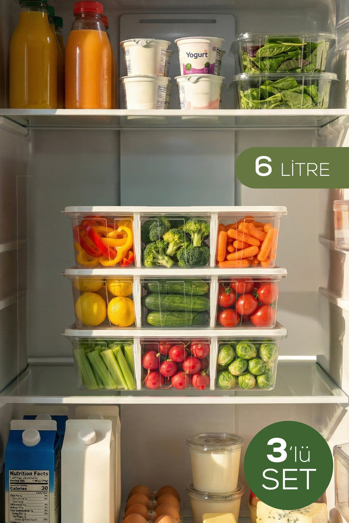 Lot de 3 Boîtes de Rangement 6 L avec Compartiments Ajustables – Organisateur de Réfrigérateur