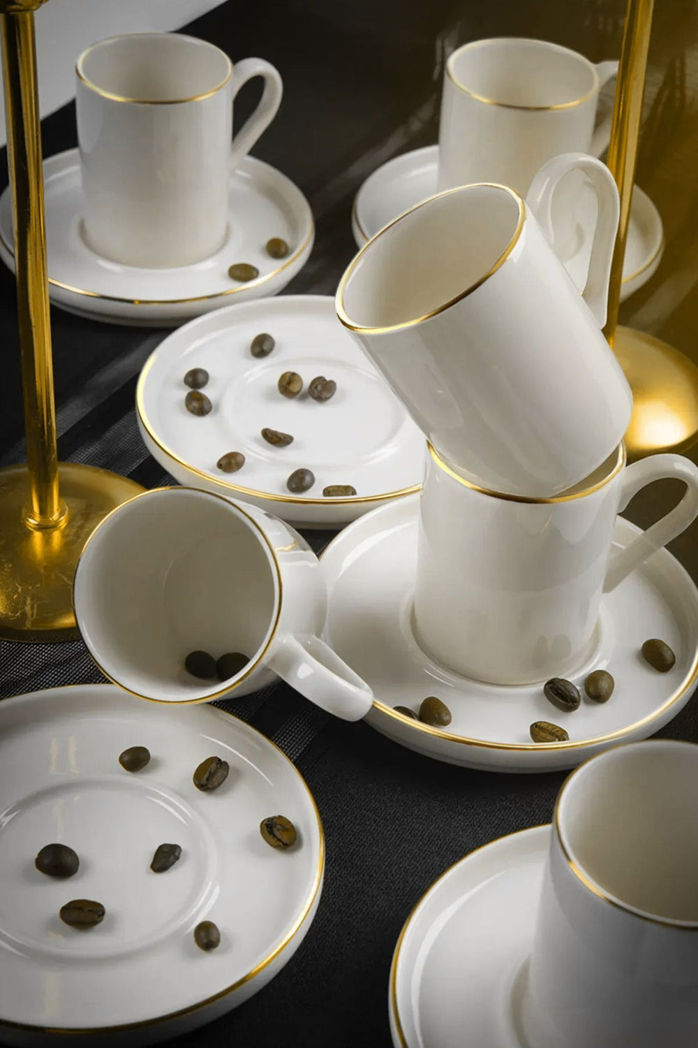 Service tasses à café empilables en porcelaine 6 personnes 12 pièces – Finition dorée élégante