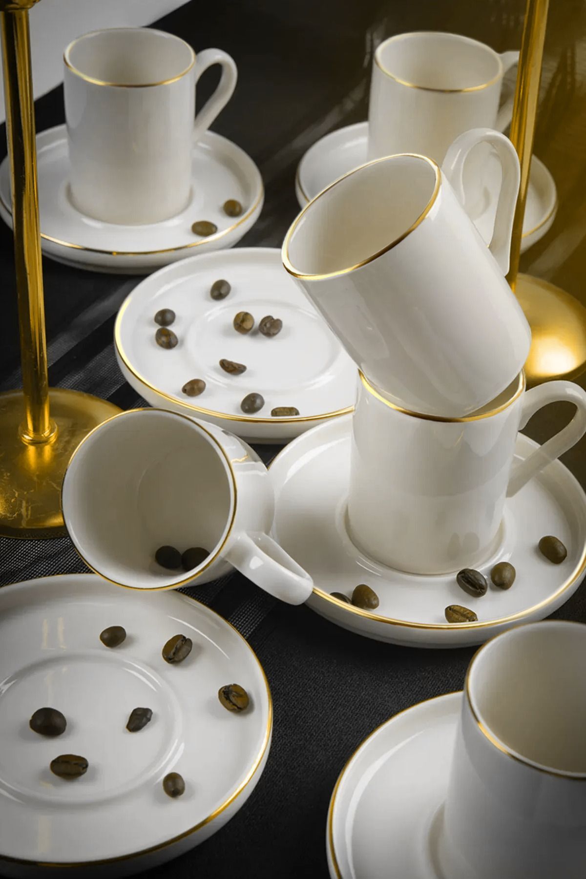Service tasses à café empilables en porcelaine 6 personnes 12 pièces – Finition dorée élégante