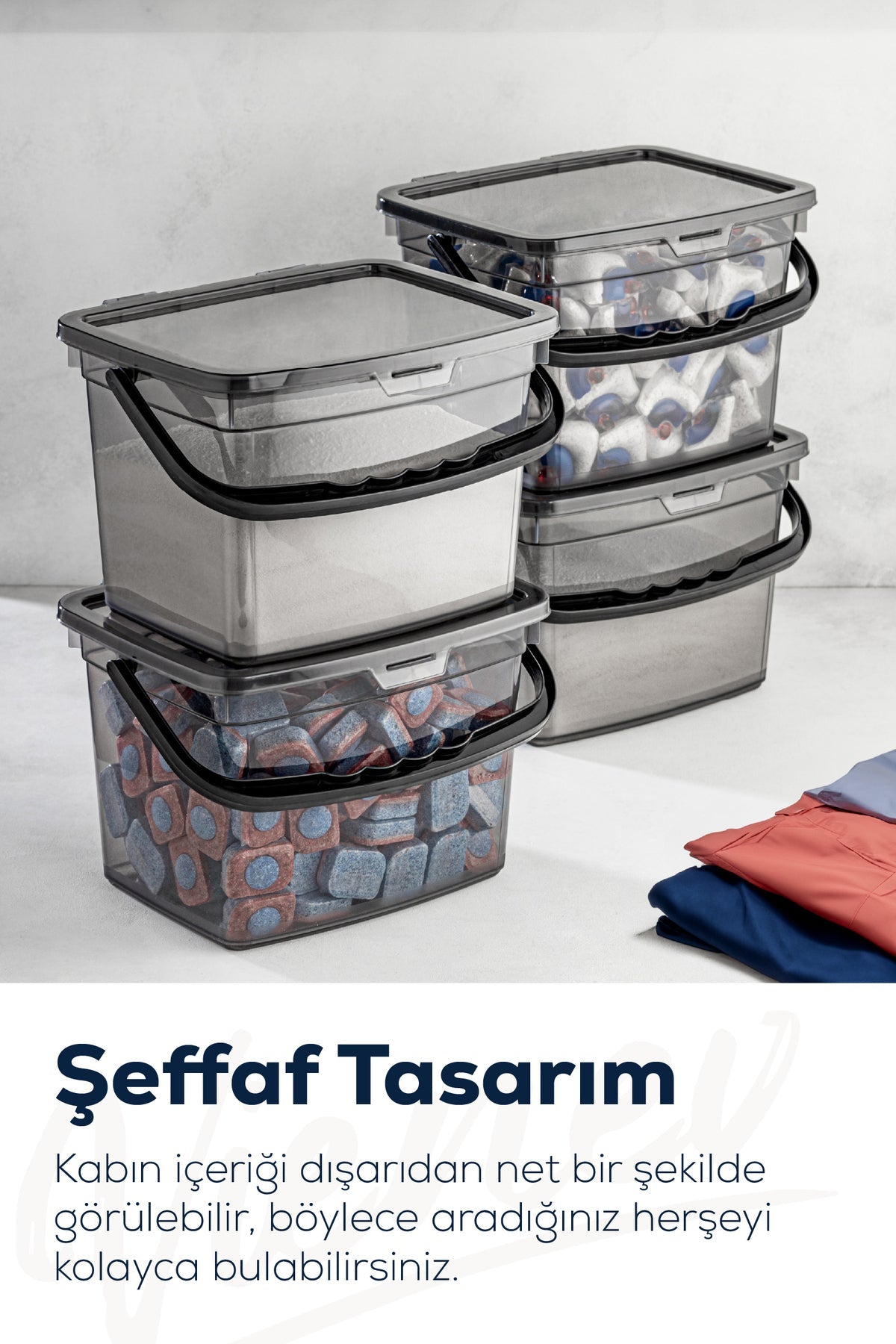 4'lü 4 Litre Beyaz Serigrafi Etiketli Toz Tablet Deterjan Saklama Kabı Antrasit JHome