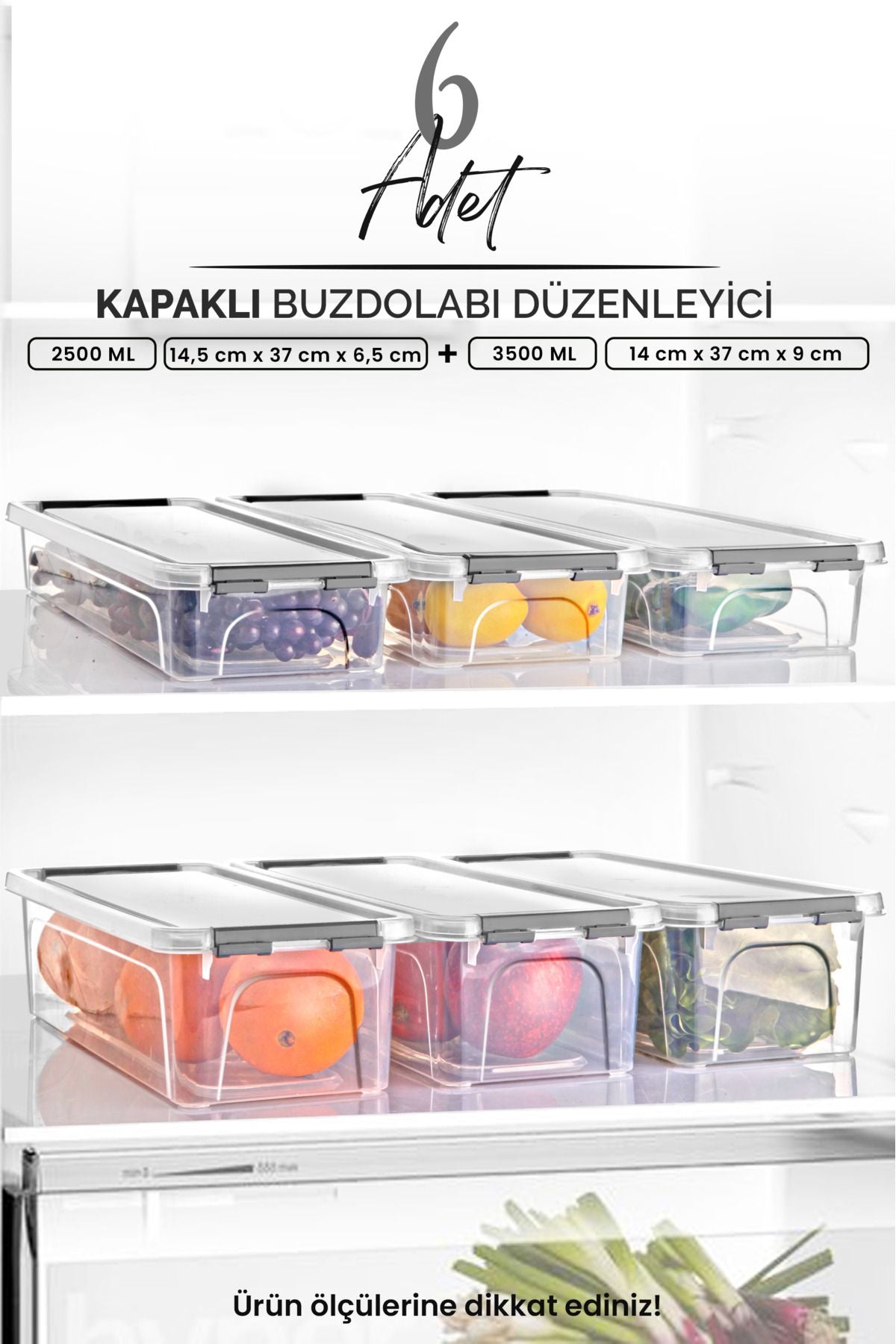 6'lı Kilitli Kapaklı Buzdolabı Düzenleyici Dolap İçi Düzenleyici Seti 3,5 LT 2,5 LT - Saklama Kabı - Justyol