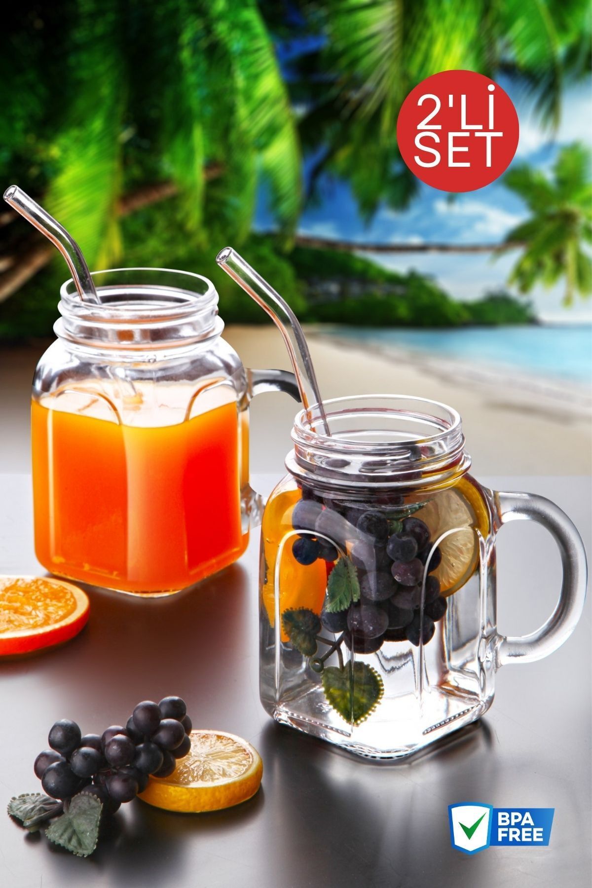 2'li Set Kulplu Kavanoz Model Bardak Seti Pipet Hediyeli JHome