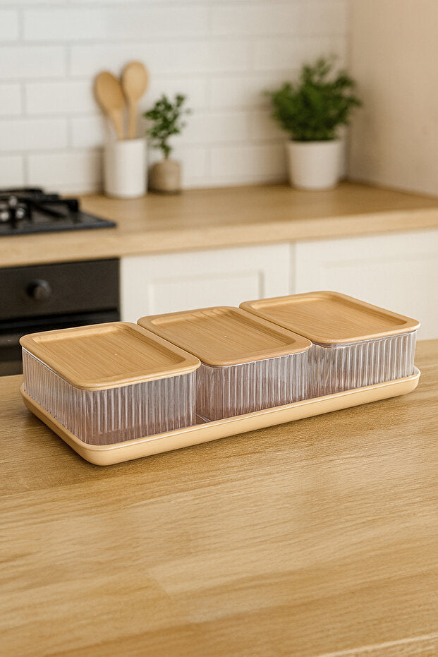 Set Petit-Déjeuner 3 Bols avec Couvercles et Plateau de Service
