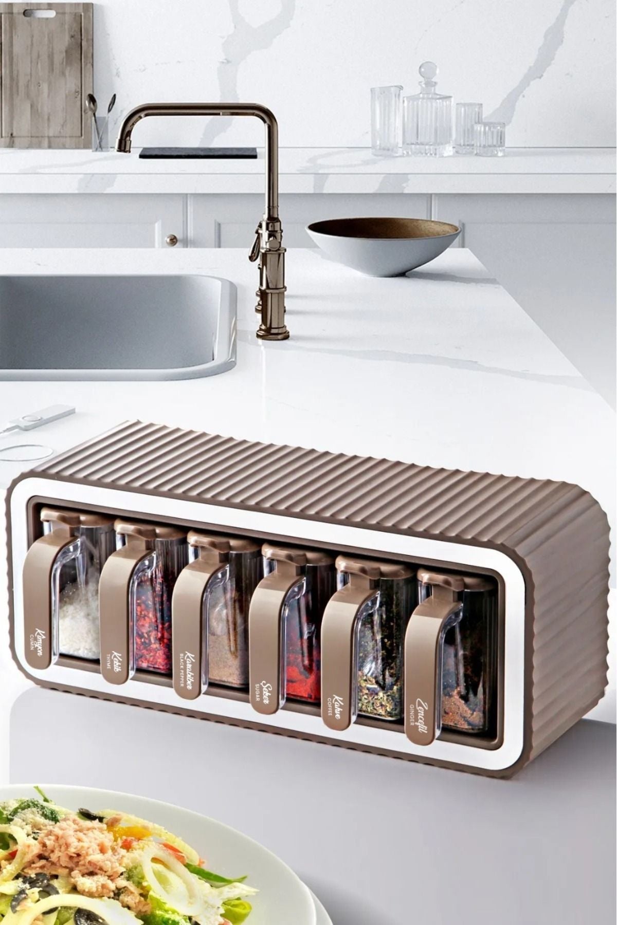 Set de 6 pots à épices avec support, couvercle, cuillère intégrée et fixation adhésive – support à épices avec poignée