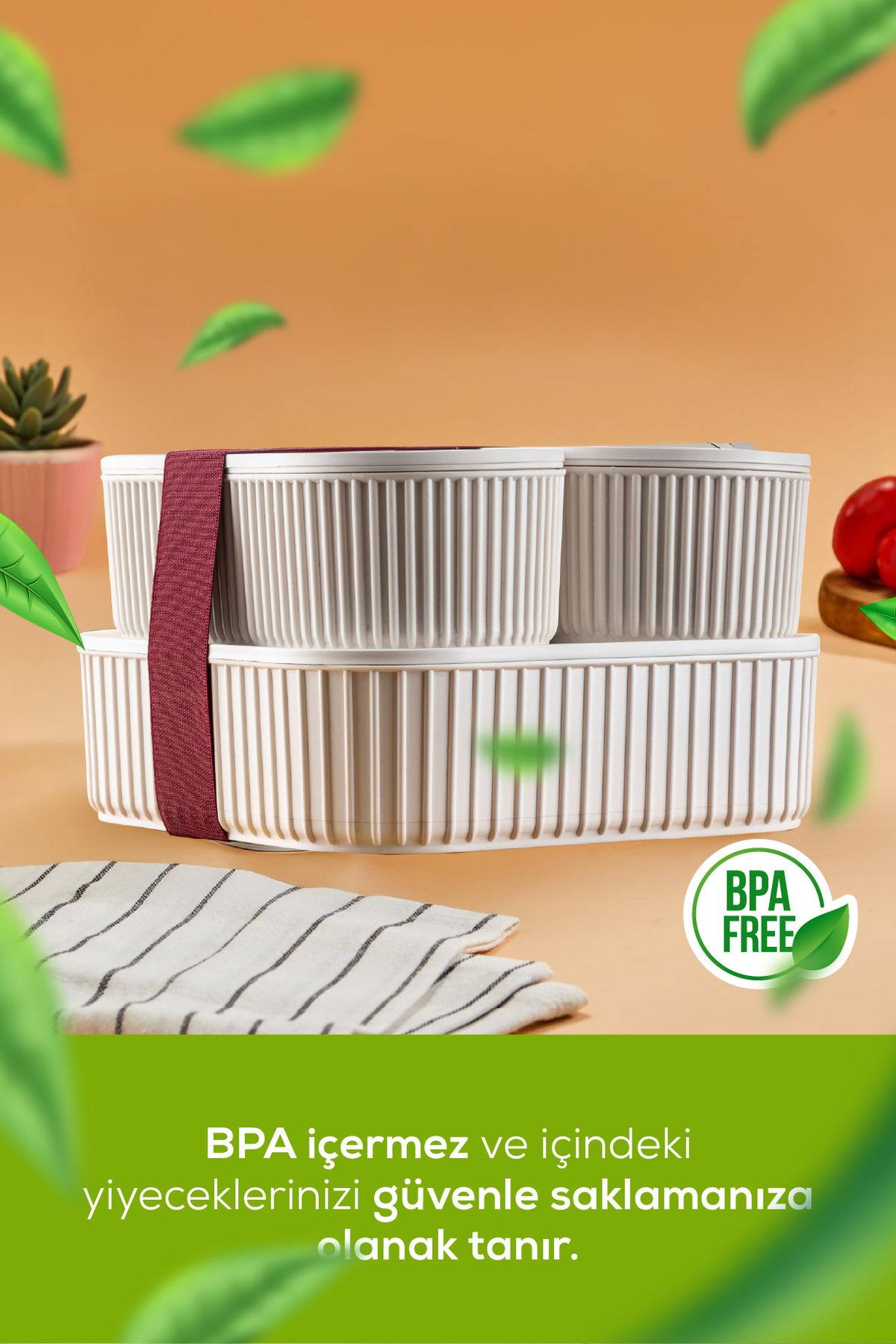 <tc>Set de 3 boîtes de conservation empilables pratiques avec bandes élastiques – 2x (1100 ml) et 1x (2600 ml) – beige</tc>