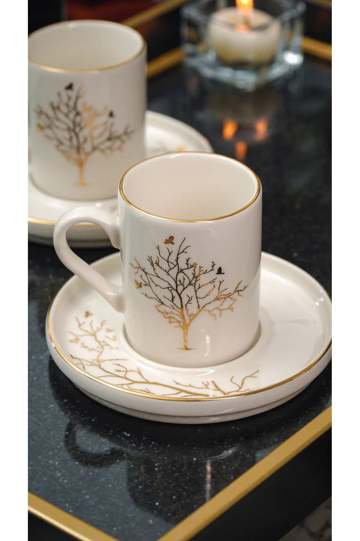 Service de tasses à café en porcelaine 2 personnes motif arbre de vie avec touche dorée 100 ml – 4 pièces