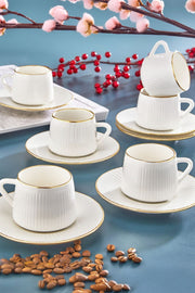 Service tasses à café en porcelaine 6 personnes 12 pièces – Design rayé avec finition dorée élégante