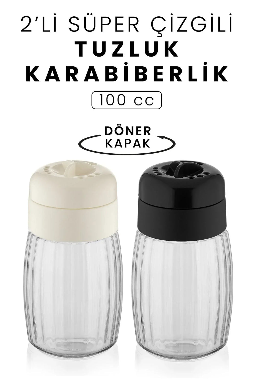 Lot de 2 salières et poivrières en verre à motif étoile, avec couvercle mat noir et blanc – 100 cc