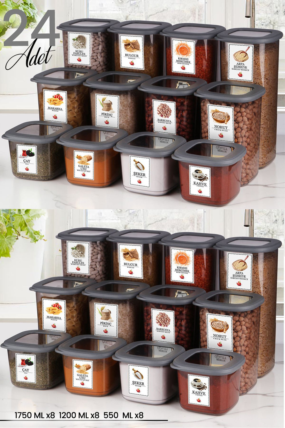 Set de 24 boîtes de conservation alimentaires carrées avec couvercles en silicone et étiquettes – Hermétiques – X8 (550 ml / 1200 ml / 1750 ml)