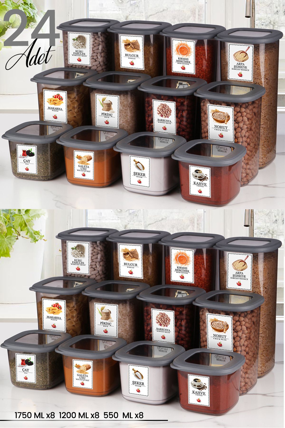 24'lü Silikon Kapaklı Etiketli Kare Erzak Saklama Kabı Seti X8(550ML - 1200ML - 1750 ML) Hava Almaz - Justyol