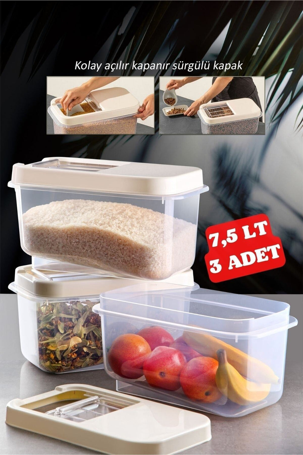 <tc>طقم 3 علب تخزين طعام شفافة مع غطاء كريمي – 7.5 لتر</tc>