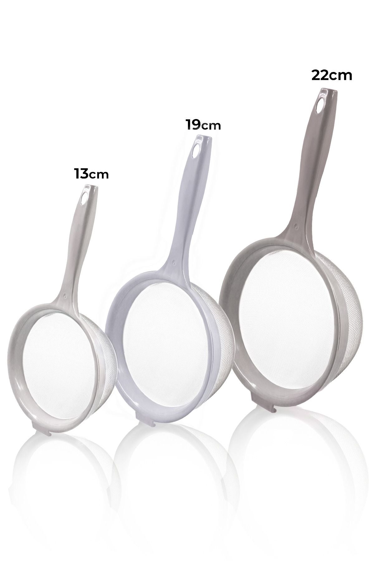 Profesyonel 3 Boy Ince Tel Süzgeç Seti 22cm - 19cm - 13cm - Tencereye Takılabilen 3'lü Süzgeci - Kevgir - Justyol