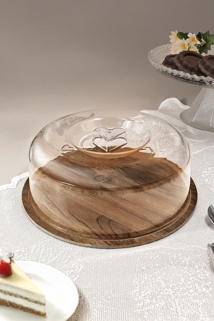 Cloche à gâteau avec base en bois et couvercle transparent