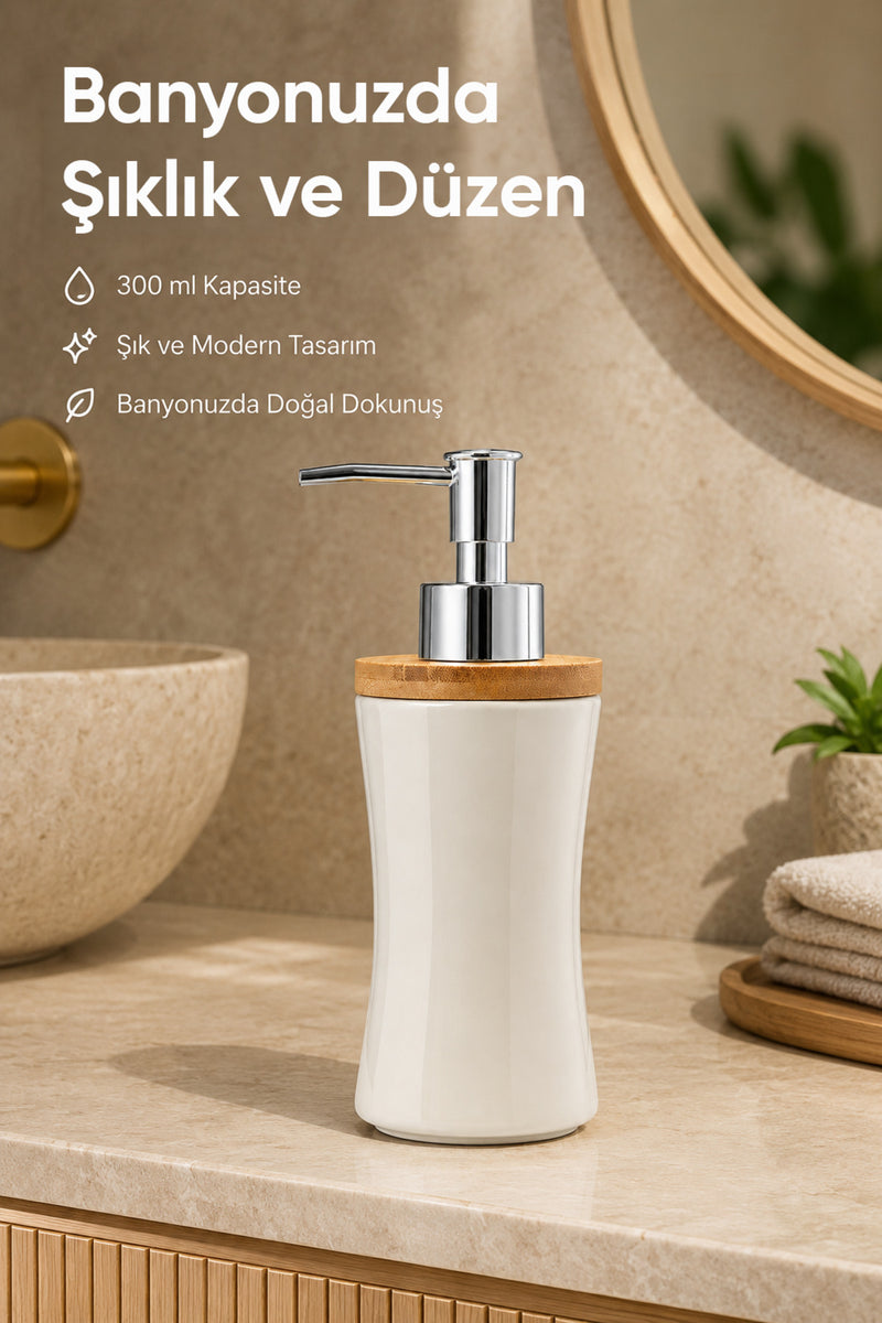Distributeur de Savon Liquide en Porcelaine 300 ml avec Couvercle en Bambou