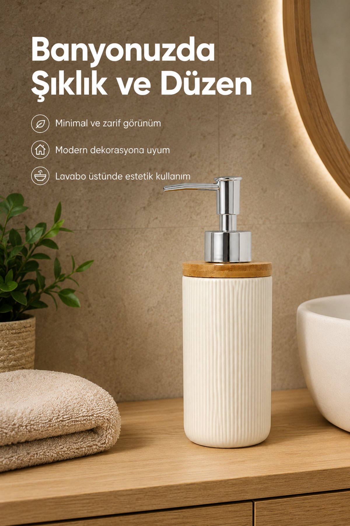 Distributeur de Savon Liquide en Porcelaine 350 ml avec Couvercle en Bambou