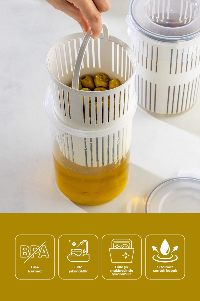 Boîte de rangement avec égouttoir pour olives et pickles – 1,5 litre