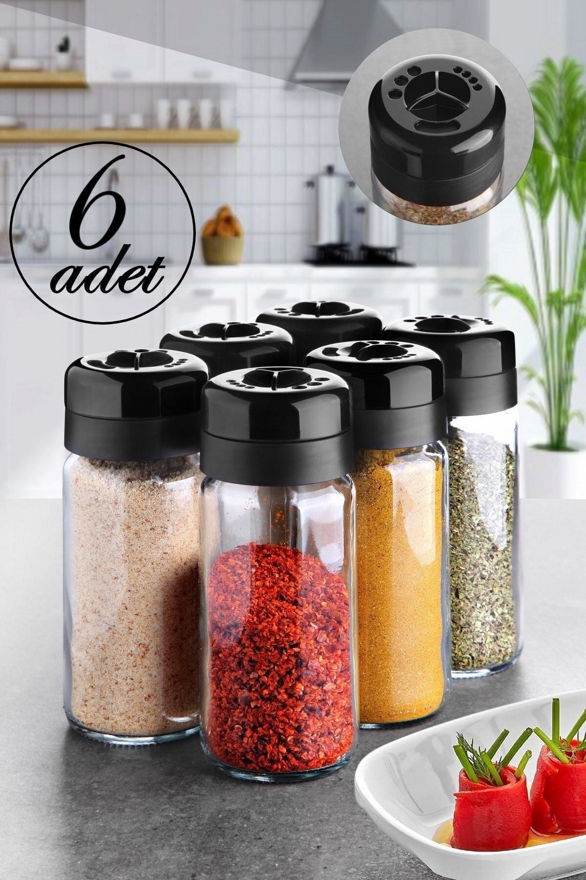 Lot de 6 bocaux à épices en verre 245 ml avec couvercle rotatif 3 positions – Rangement pratique cuisine