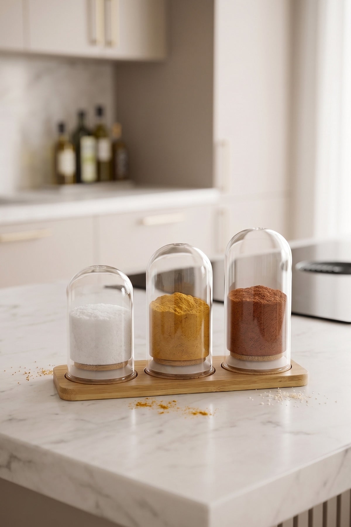 Set de 3 Pots à Épices en Verre avec Support en Bambou – Sel, Poivre et Condiments