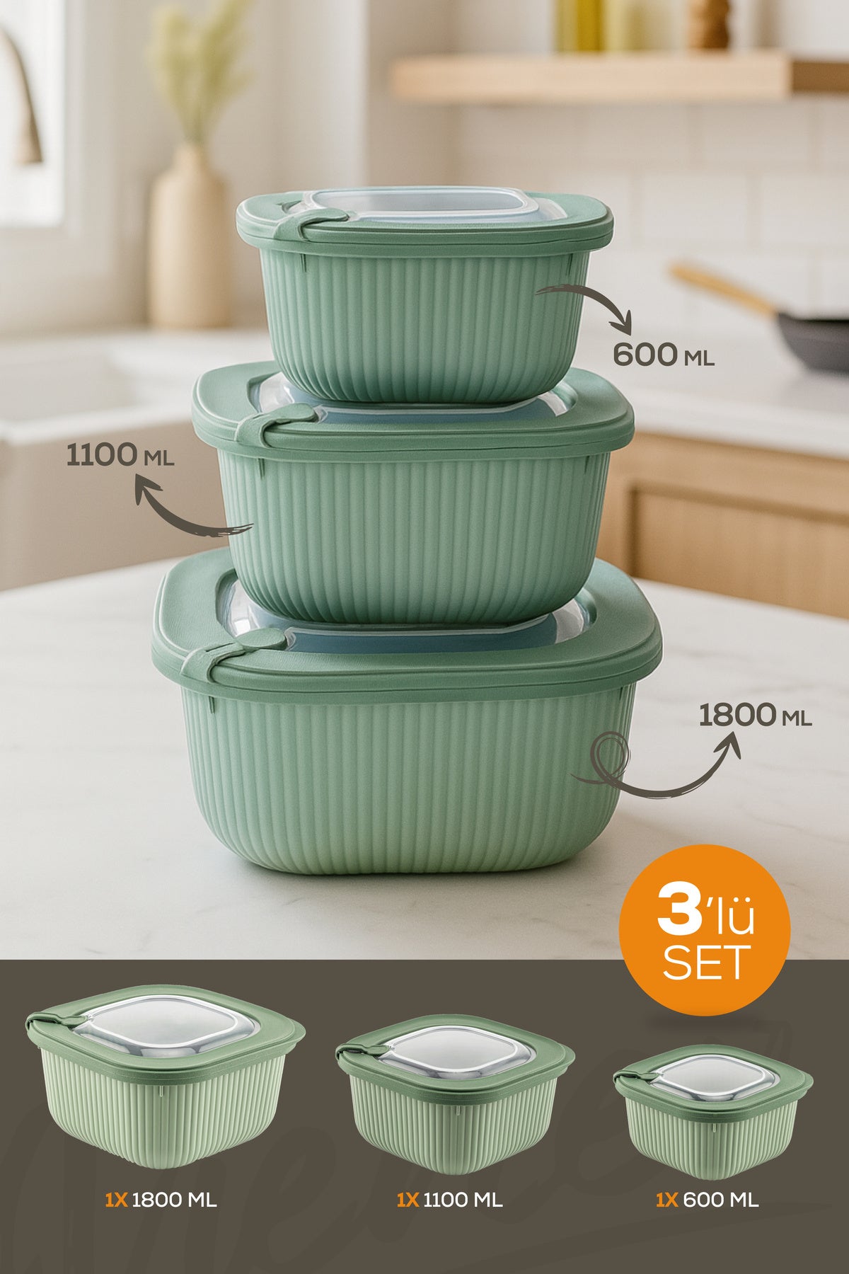 Lot de 3 boîtes de conservation vertes avec couvercle VIP – Compatibles micro-ondes et congélateur