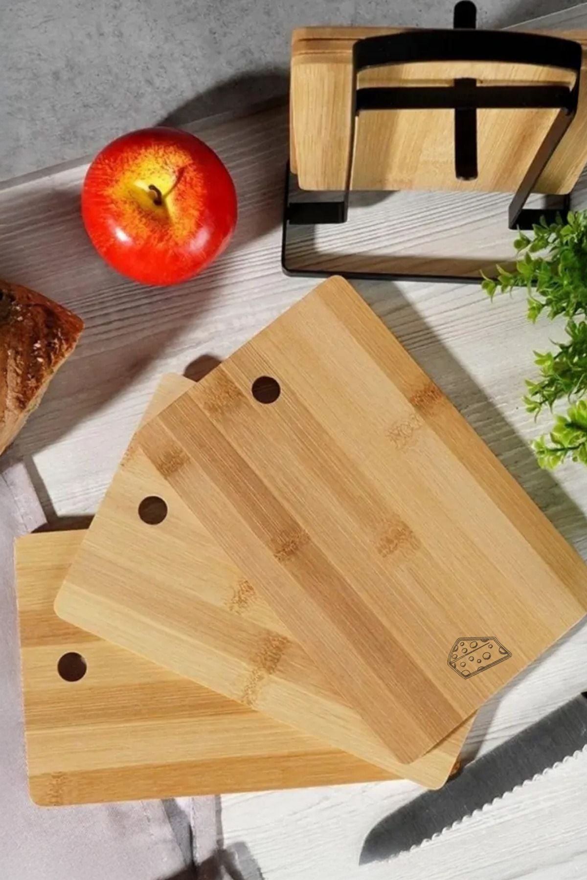Set de 4 Planches à Découper en Bambou avec Support