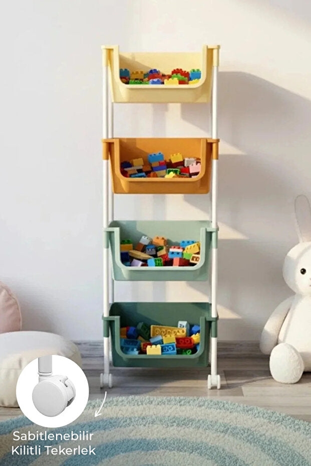 Étagère de Rangement 4 Niveaux à Roulettes