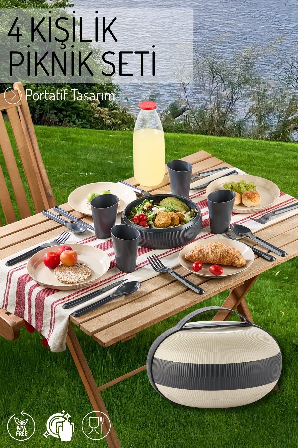 Yuvarlak, 4 Kişilik Çok Amaçlı Taşınabilir Piknik Seti, Portatif Tasarım JHome