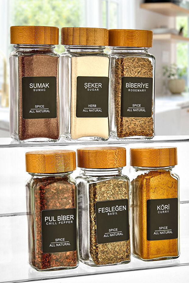 Lot de 6 Pots à Épices en Verre avec Couvercles Bambou