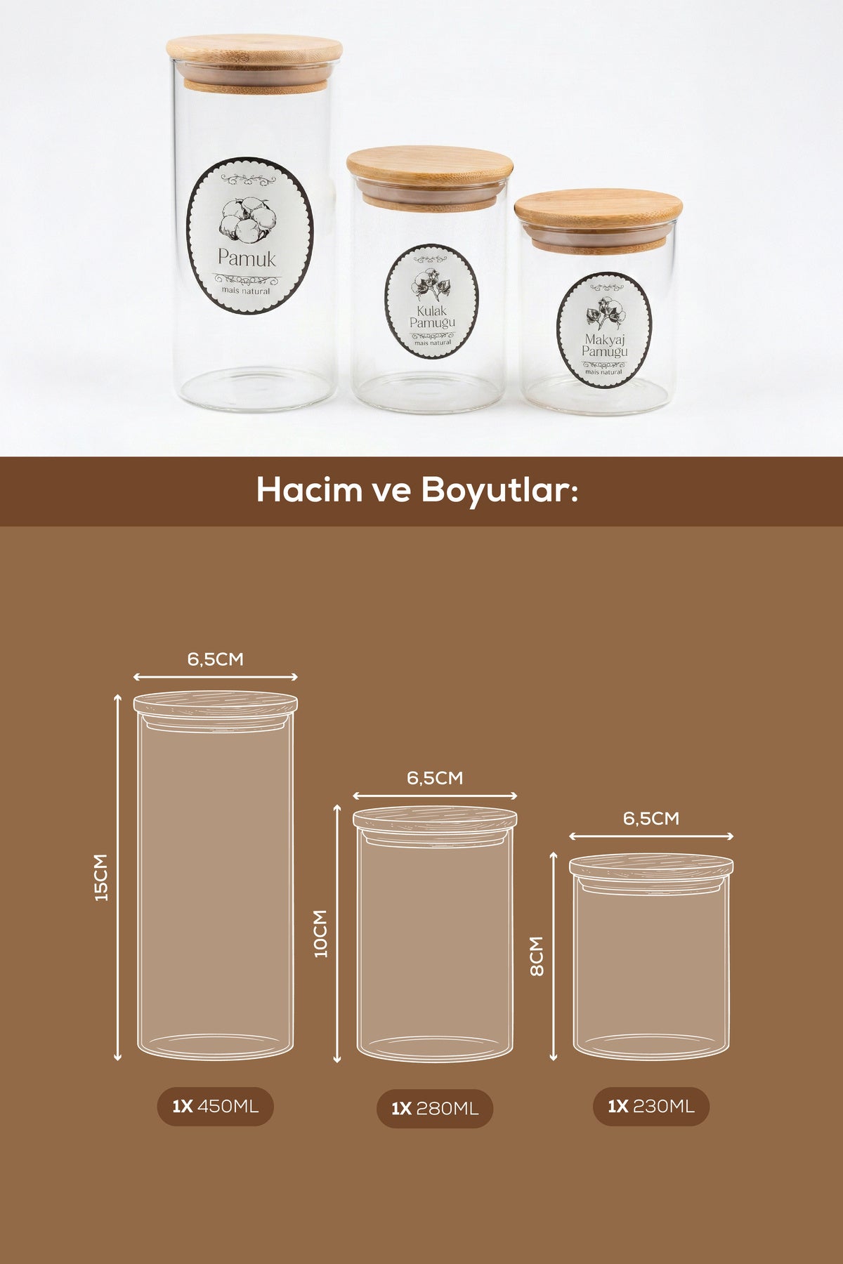 Set de 3 Pots en Verre avec Couvercles en Bambou – 230, 280 et 450 ml