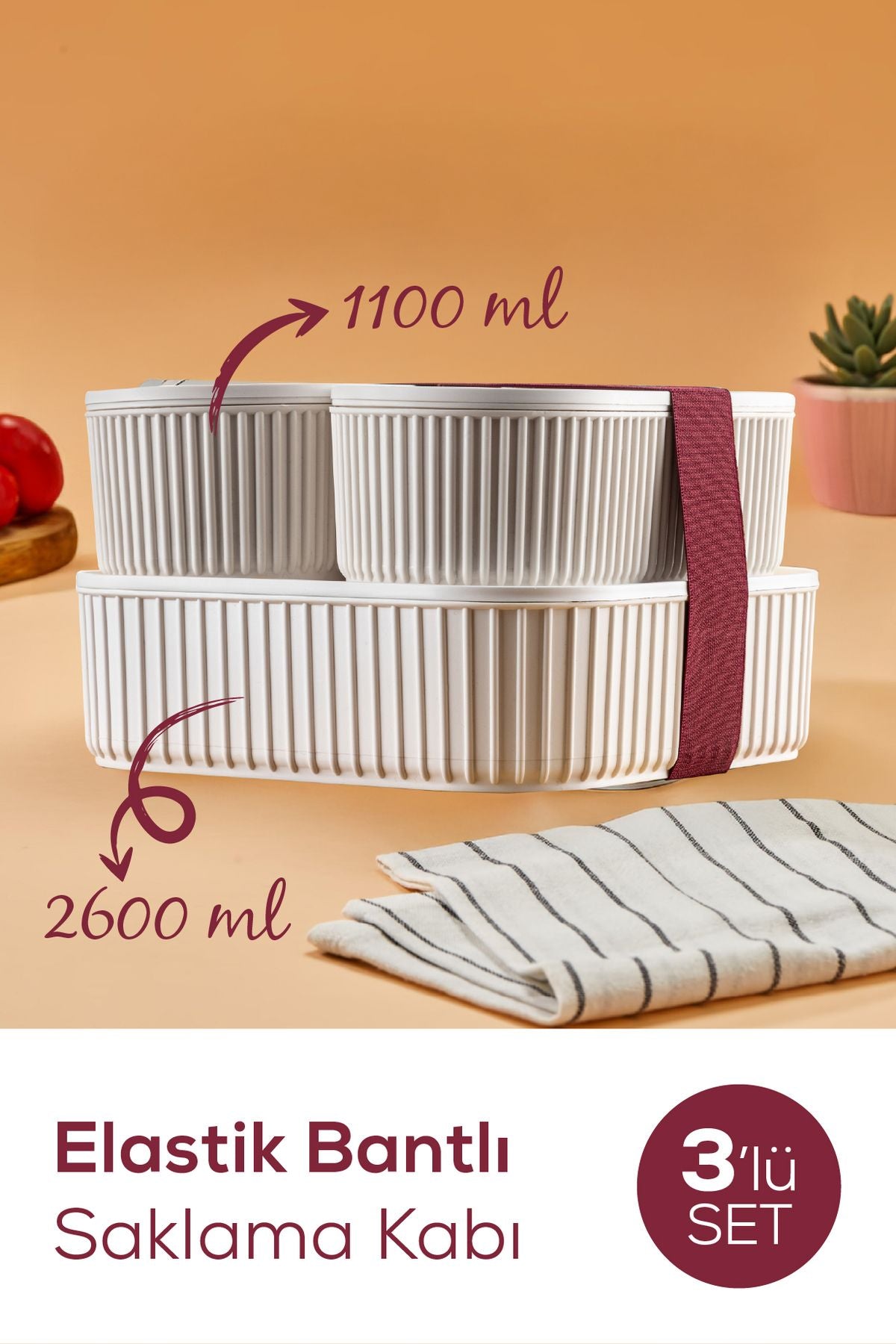 <tc>Set de 3 boîtes de conservation empilables pratiques avec bandes élastiques – 2x (1100 ml) et 1x (2600 ml) – beige</tc>