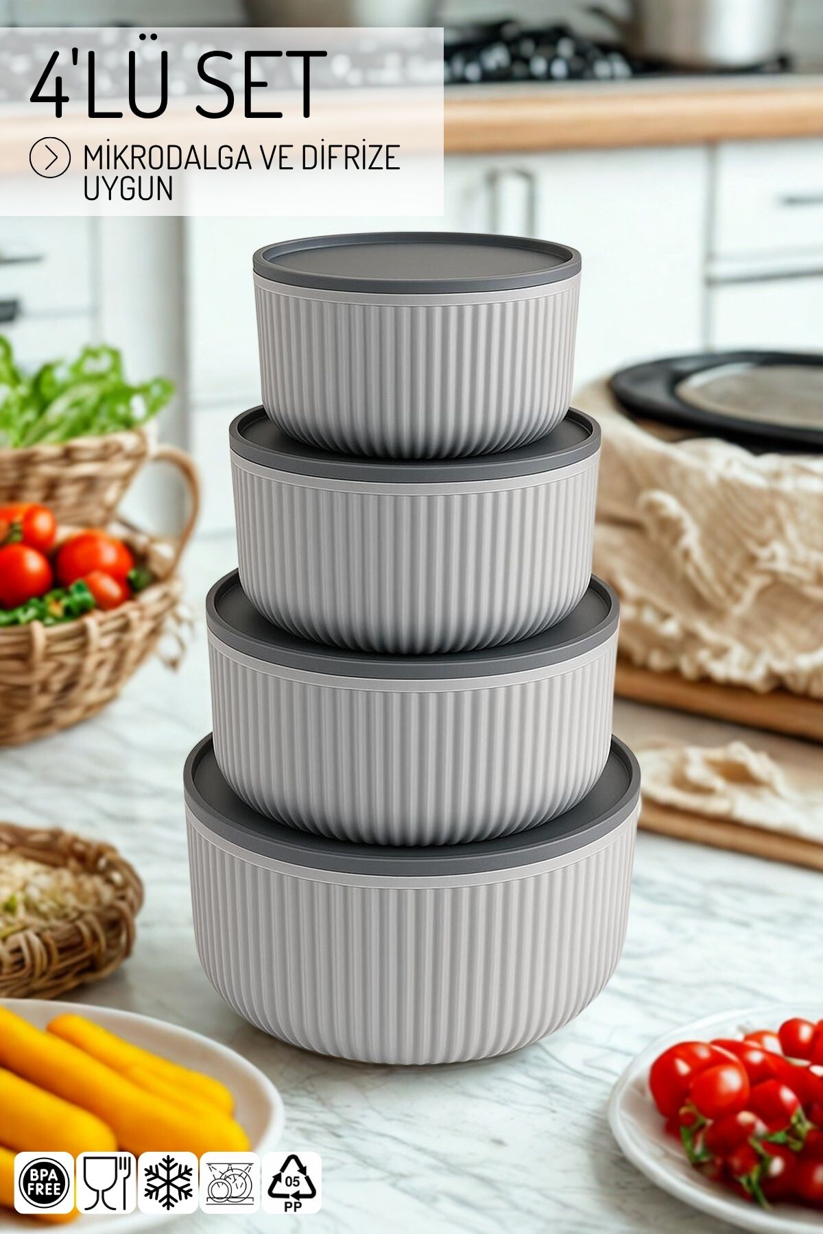 4'lü Set Çizgili, Yuvarlak Saklama Kabı Seti / 2,5lt.- 1,5lt.- 0,80lt.- 0,45lt. JHome