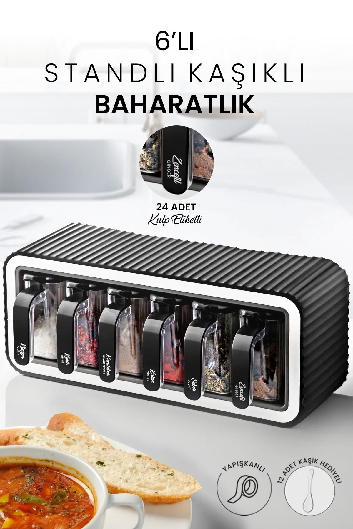 Set de 6 pots à épices avec support, couvercle, cuillère intégrée et fixation adhésive – support à épices avec poignée