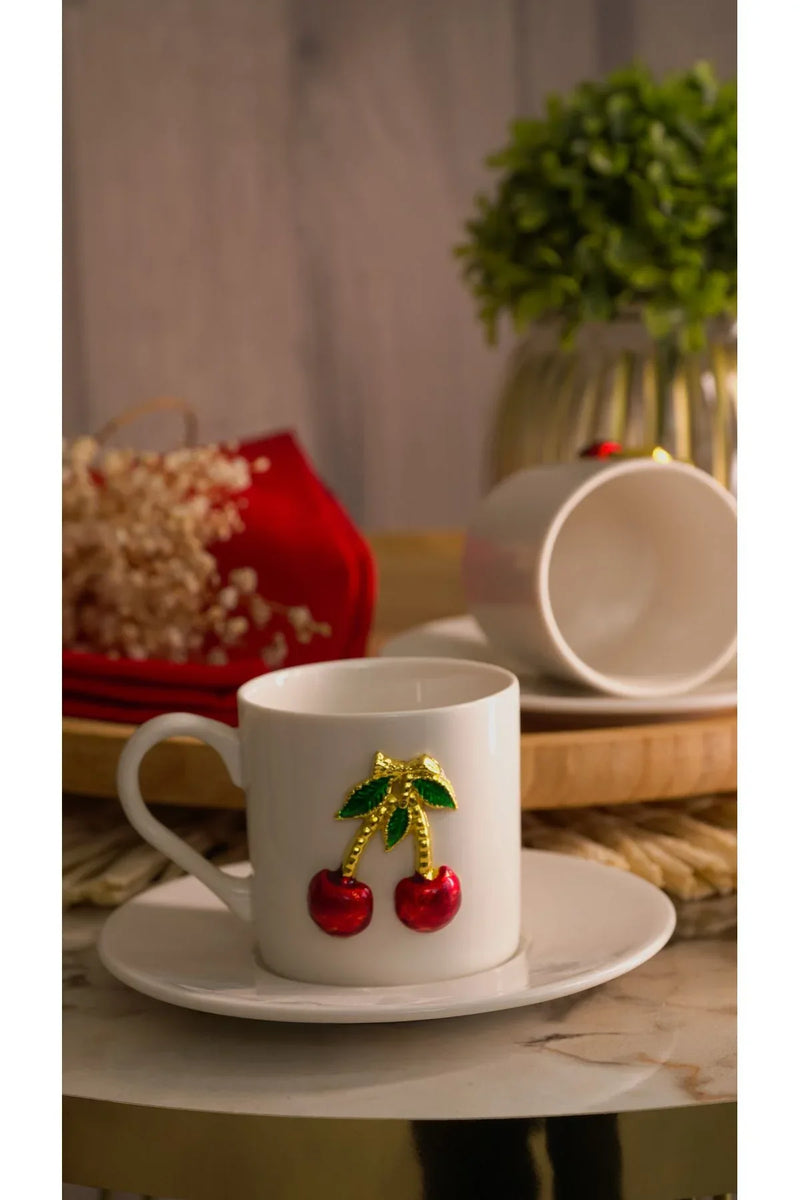 Service à café en porcelaine motif cerise 100 ml – 4 pièces pour 2 personnes