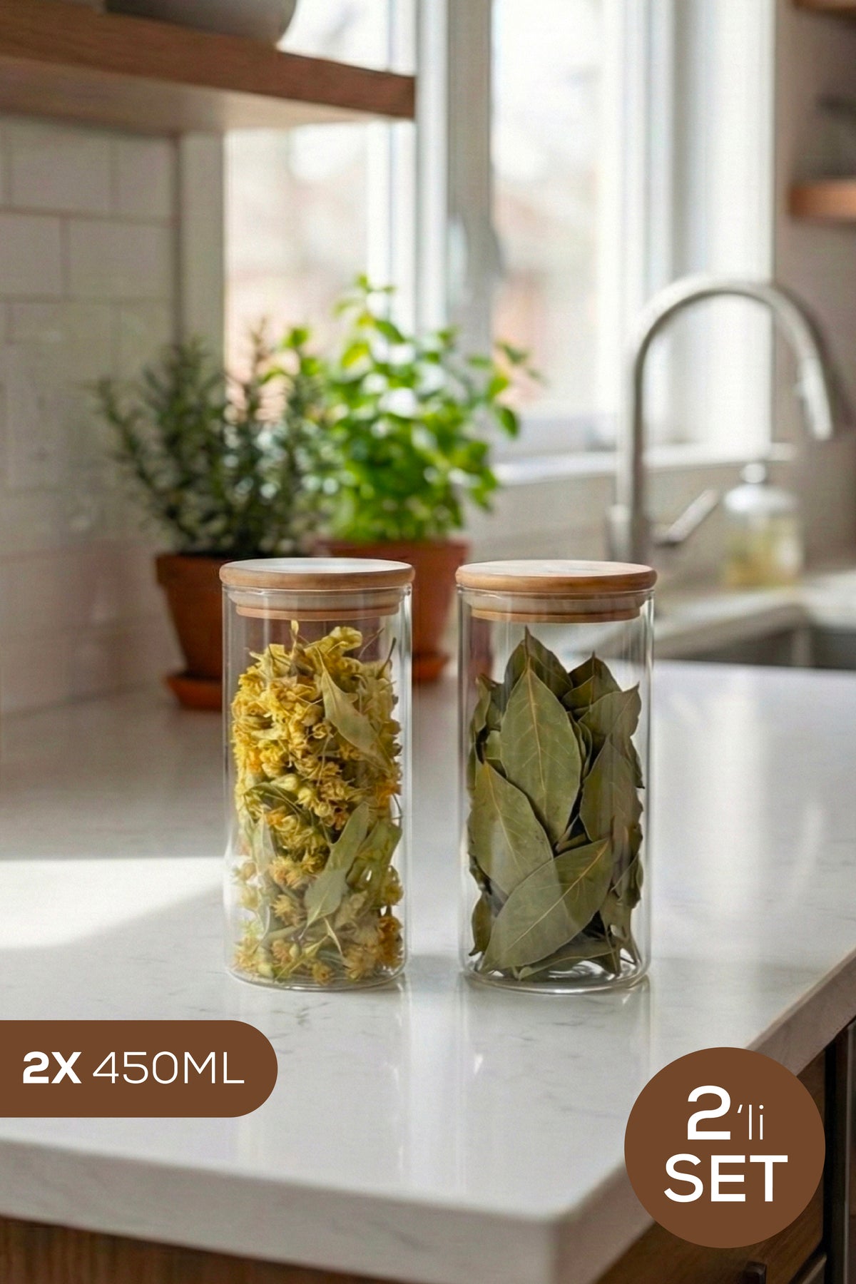 Lot de 2 Bocaux en Verre 450 ml avec Couvercle en Bambou Hermétique