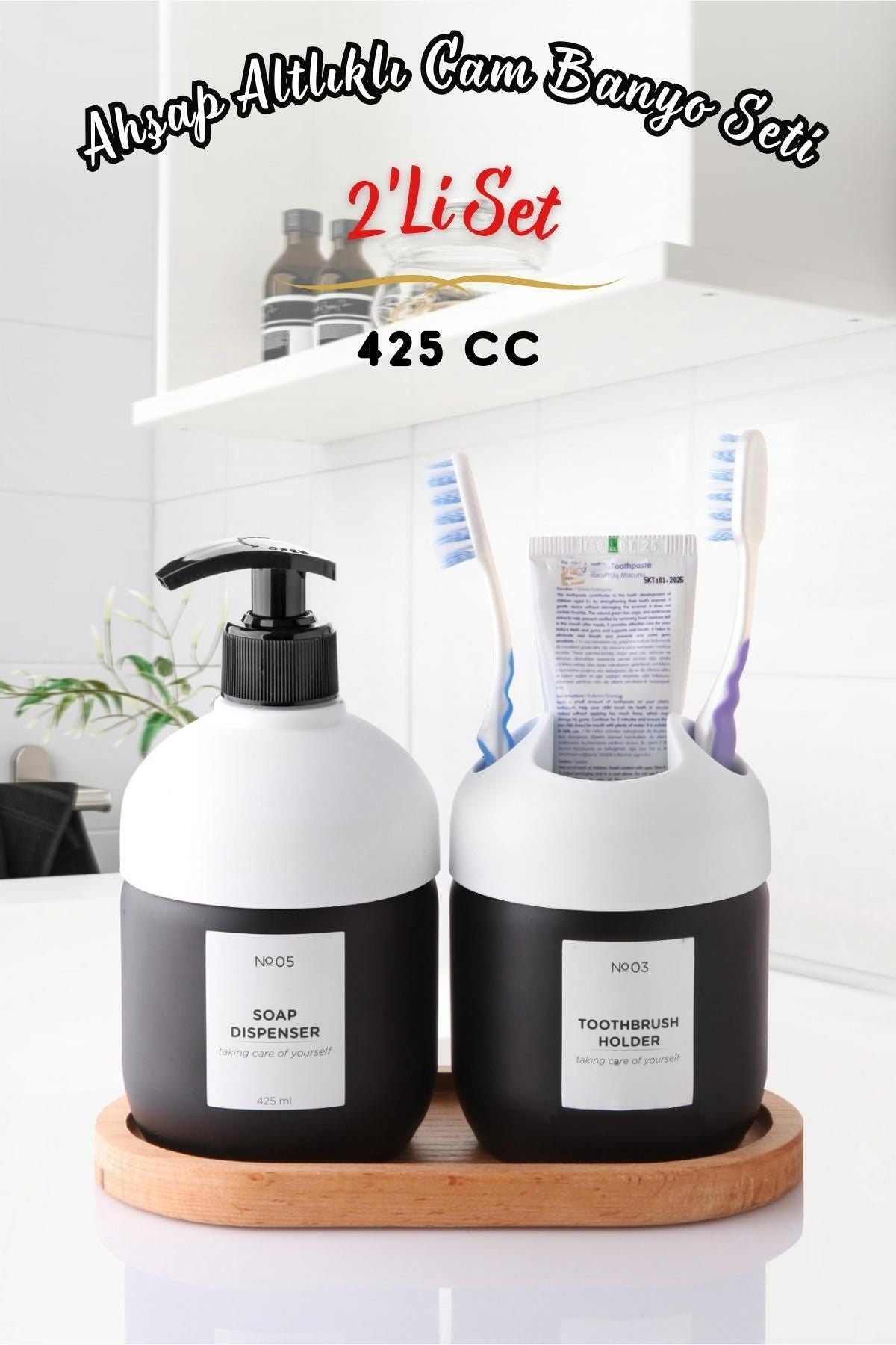 Lüks Ahşap Altlıklı Cam 2'Li Set Cool Sabun ve Diş Fırçalık - Banyo Seti BEYAZ JHome